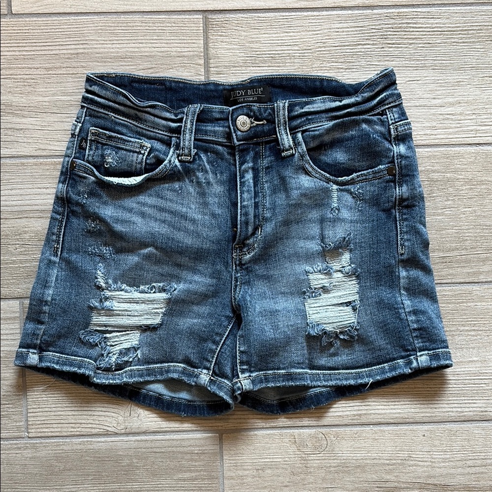 Judy Blue Ripped Jean Shorts - Dark Blue